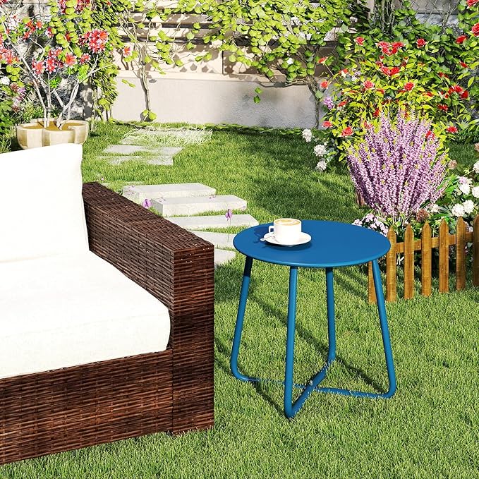 HollyHOME Round Metal Side Table, Rust-Resistant Patio Small Plant Stand, Outdoor 17.32'' Portable End Table for Balconies, Gardens, Living Rooms and Bedrooms, Navy Blue