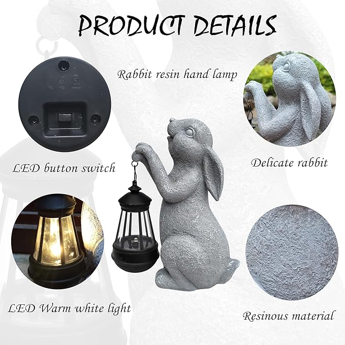 Rabbit Solar Garden Outdoor Statues,Resin Rabbit Figurine Decorations with Solar Lights Lantern, Outdoor Rabbit Art Decor for Lawn,Yard, Unique Housewarming Gift for Garden Home