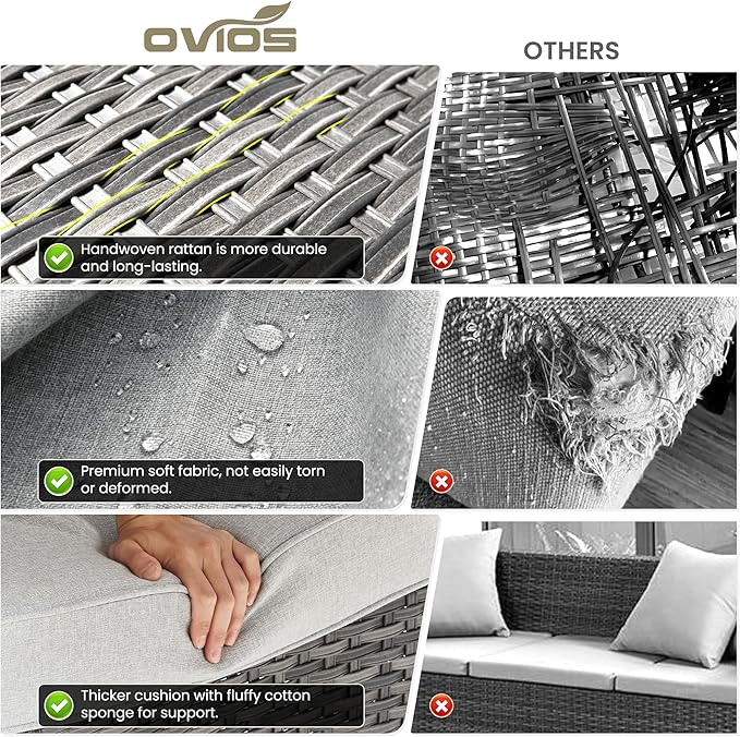 ovios 5 Pieces Patio Furniture Set, Outdoor Wicker Sofa Couch with Swivel Chairs Solar Lights Table, High Back All Weather Modern Conversation Sets, Grey Rattan, Grey