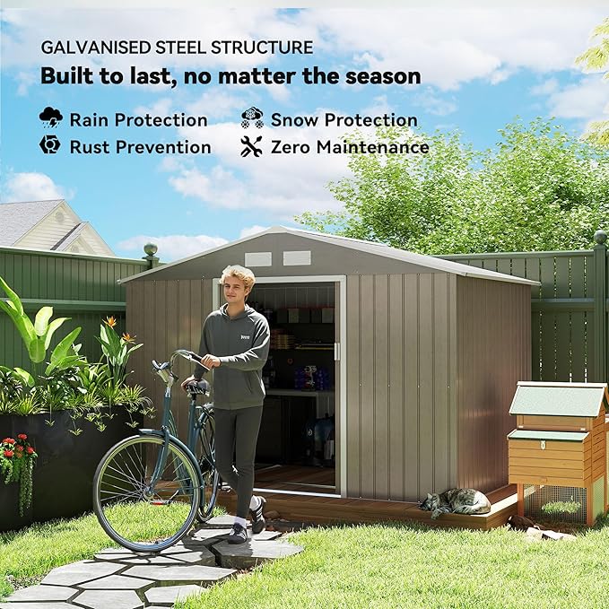 Outsunny 9' x 6' Outdoor Storage Shed, Garden Tool Metal Shed with Foundation Kit, Double Lockable Door, Air Vents and Sloping Roof, for Backyard, Patio, Lawn, Light Brown