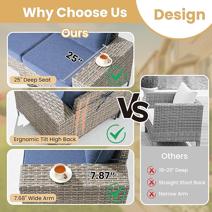 HOOOWOOO Outdoor Sectional Furniture Set,8 Pieces Wicker Patio Conversation Sets,L Shape All Weather Outside Couch Sofa Set with Swivel Chairs Solar Light Table Ottoman,Denim Blue