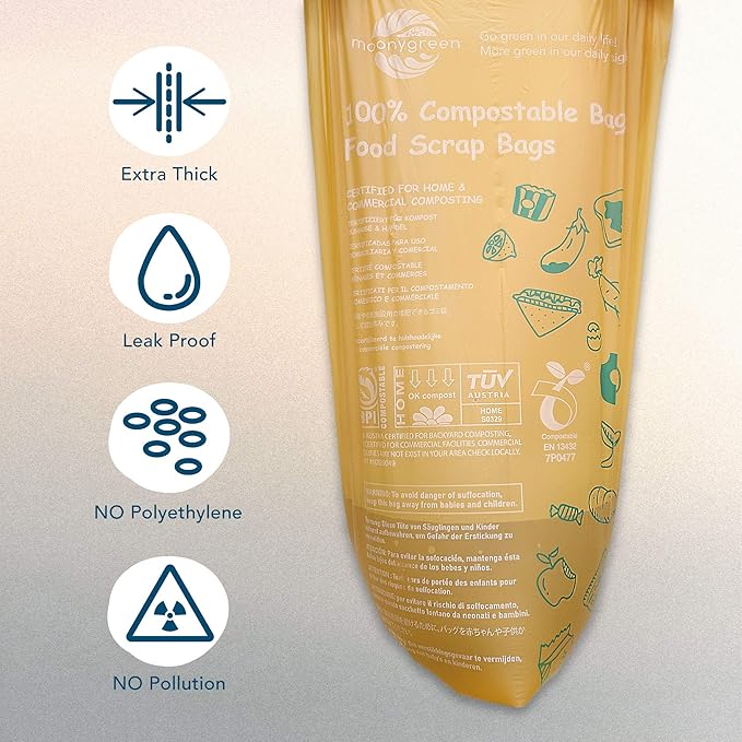 Compostable Trash Bags, 2.6 Gallon, 9.84 Liter, 200 Count, Extra Thick, Food Scrap Small Kitchen Waste Bags, US BPI ASTM D6400 and Europe OK Compost Home Certified