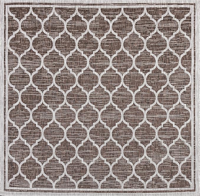 Eyely BMS109B-3SQ Santa Monica Trebol Moroccan Trellis Textured Weave, Pet Friendly, Non-Shedding, Stain Resistant, Easy-Cleaning, Espresso/Taupe, 3' Square, Indoor/Outdoor, Area Rug