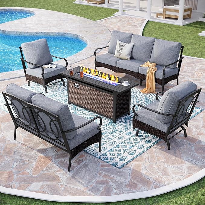 PHI VILLA Patio Furniture Set with 56" Fire Pit Table, Premium Outdoor Wicker Metal Frame Furniture with Upgraded Waterproof Thick Cushions for Porch, Poolside, Deck, and Yard