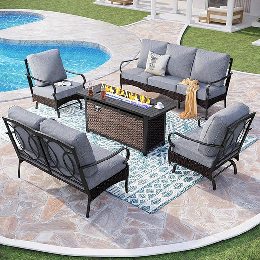 PHI VILLA Patio Furniture Set with 56" Fire Pit Table, Premium Outdoor Wicker Metal Frame Furniture with Upgraded Waterproof Thick Cushions for Porch, Poolside, Deck, and Yard