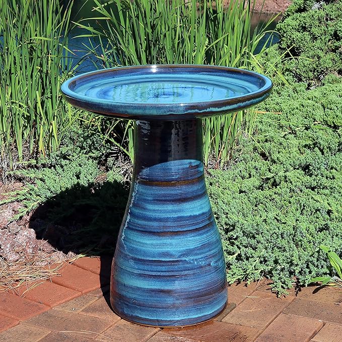Sunnydaze 21" H Ceramic Bird Bath for Outside - Hand-Painted Outdoor Bird Bath Bowl, UV/Frost-Resistant Finish - Galaxy Blue - Classic Pedestal