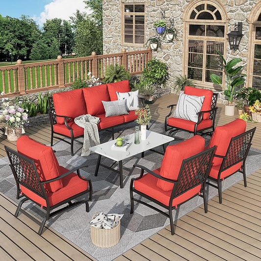 Patio Furniture Set 6 pcs, Outdoor Patio Furniture, 1 X 3-Seat Sofa, 2 X Single Chairs, 2 X Rocker Chairs, 1 X Coffee Table and 5.75" Extra Thick Cushion, Patio Conversation Set,Red