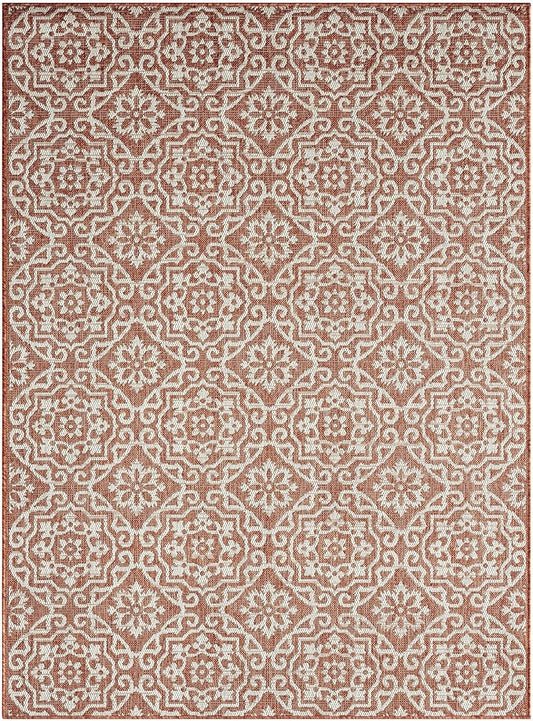 Nicole Miller New York Patio Country Julia Transitional Geometric Indoor/Outdoor Area Rug, Terracotta/Ivory, 7'9"x10'2"