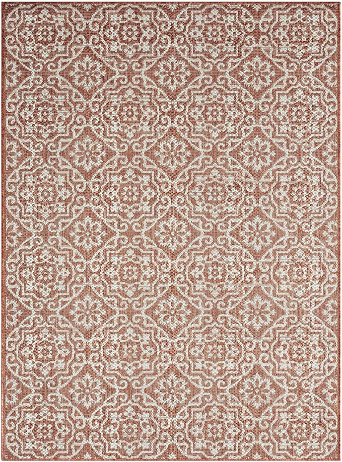 Nicole Miller New York Patio Country Julia Transitional Geometric Indoor/Outdoor Area Rug, Terracotta/Ivory, 5'2"x7'2"