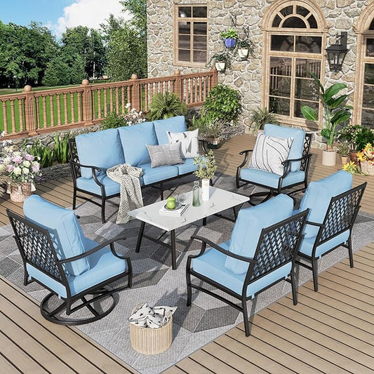 Patio Furniture Set 6 pcs, Outdoor Patio Furniture, 1 X 3-Seat Sofa, 2 X Single Chairs, 2 X Swivel Chairs, 1 X Coffee Table and 5.75" Extra Thick Cushion, Patio Conversation Set,Blue