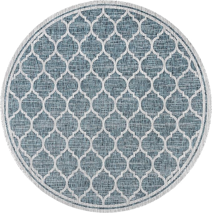 Eyely BMS109E-4R Santa Monica Trebol Moroccan Trellis Textured Weave, Pet Friendly, Non-Shedding, Stain Resistant, Easy-Cleaning, Teal/Gray, 4' Round, Indoor/Outdoor, Area Rug
