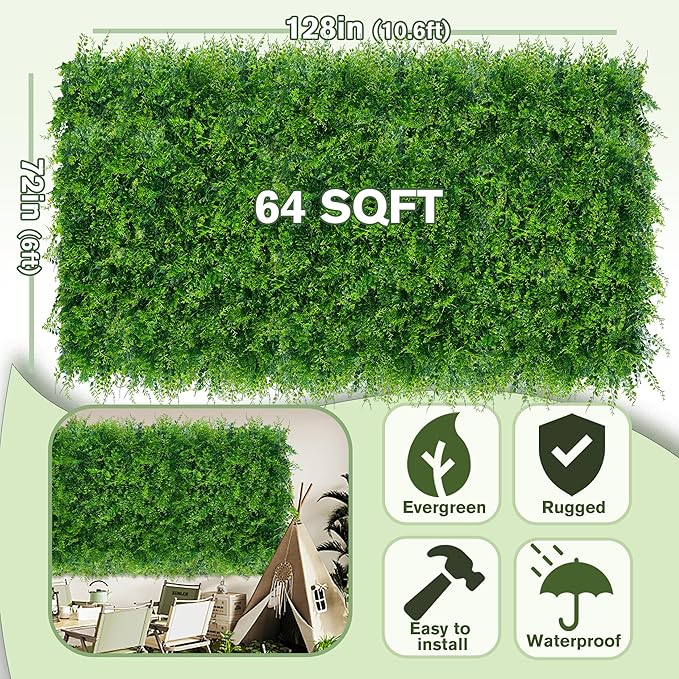Greenery Faux Grass Wall Backdrop 72"x128" (64 SQFT) UV-Anti Artificial Green Boxwood Panel for Patio Balcony Privacy & Ivy Fence Covering Privacy, Garden, Backyard Wall Backdrop Decor