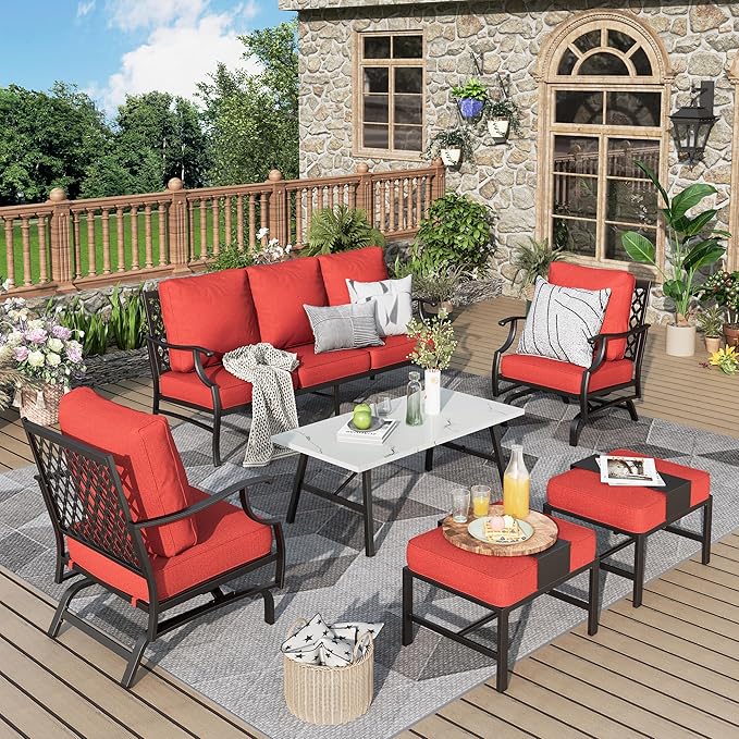Patio Furniture Set 6 pcs, Outdoor Patio Furniture, 3-Seat Sofa, 2 Rocking Chairs, 2 Ottomans, Coffee Table and 5.75" Extra Thick Cushion, Conversation Set for Backyard Deck, Red