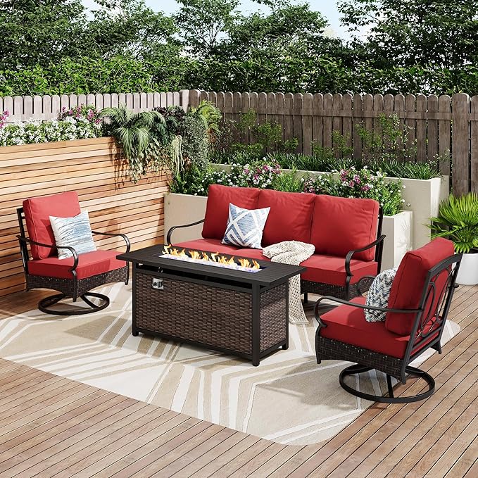 Patio Furniture Set with 56" Fire Pit Table, Premium Outdoor Wicker Metal Frame Furniture with Upgraded Waterproof Thick Cushions for Porch, Poolside, Deck, and Yard （4 Pieces,Red