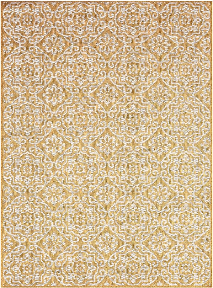 Nicole Miller New York Patio Country Julia Transitional Geometric Indoor/Outdoor Area Rug, Yellow/White, 5'2"x7'2"