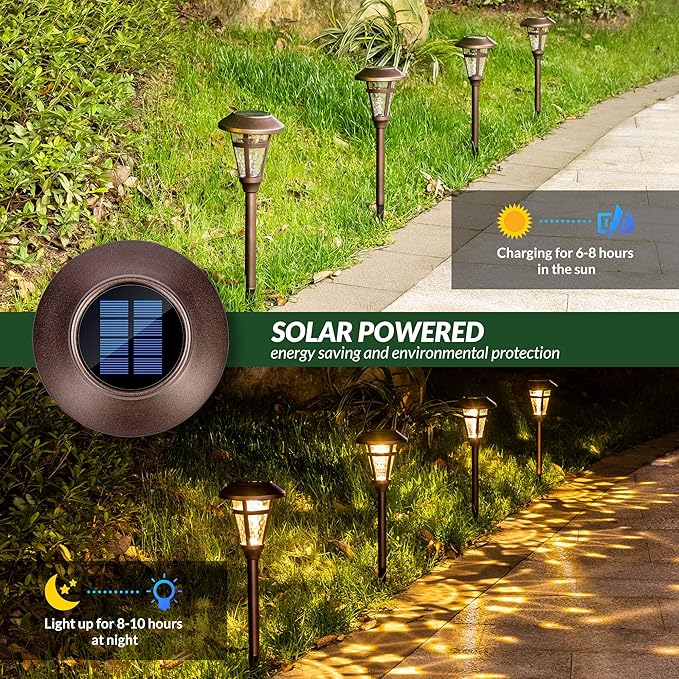 Solar Pathway Lights Outdoor 6 Pack, Warm White Lights Outdoor Waterproof, Bronze Finished Solar Garden Light for Yard Decor, Patio, Landscape, Lawn, Walkway, Pathway, Garden
