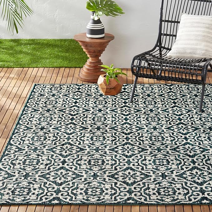 Nicole Miller New York Patio Country Julia Transitional Geometric Indoor/Outdoor Area Rug, Navy Blue/Ivory, 7'9"x10'2"