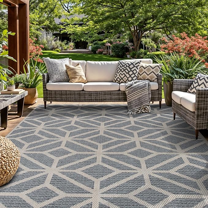 Rugshop Contemporary Geometric Design for Patio Rugs,Deck Rugs,Balcony Rugs Indoor/Outdoor Area Rug 5' x 7' Blue