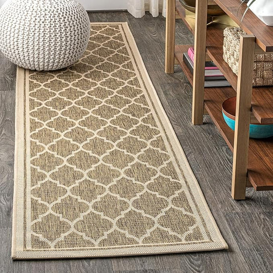 Eyely BMS109A-214 Santa Monica Trebol Moroccan Trellis Textured Weave, Pet Friendly, Non-Shedding, Stain Resistant, Easy-Cleaning, Brown/Beige, 2 ft. x 14 ft., Indoor/Outdoor, Runner Rug