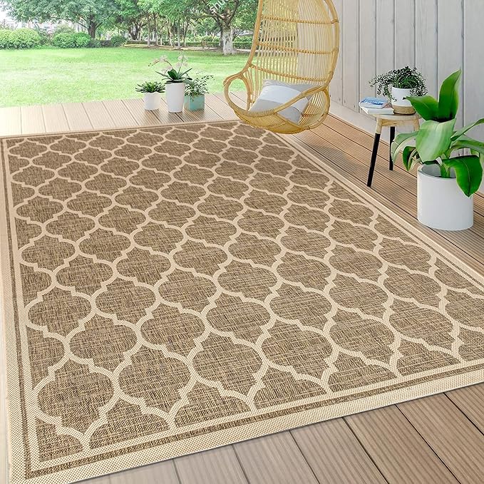 Eyely BMS109A-6 Santa Monica Trebol Moroccan Trellis Textured Weave, Pet Friendly, Non-Shedding, Stain Resistant, Easy-Cleaning, Brown/Beige, 6 ft. x 9 ft., Indoor/Outdoor, Area Rug