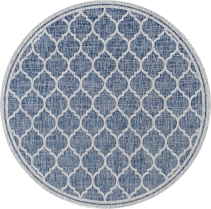 Eyely BMS109D-6R Santa Monica Trebol Moroccan Trellis Textured Weave, Pet Friendly, Non-Shedding, Stain Resistant, Easy-Cleaning, Navy/Gray, 6' Round, Indoor/Outdoor, Area Rug