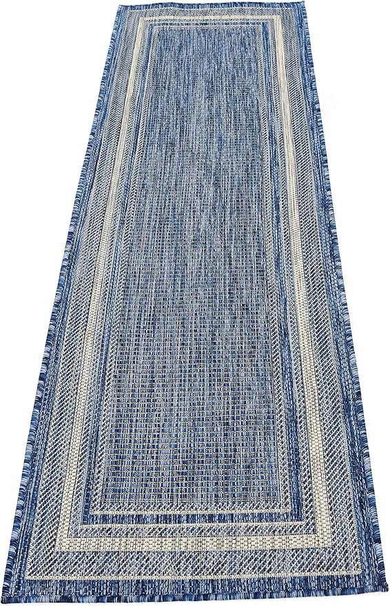 Unique Loom Outdoor Border Collection Area Rug - Soft Border (2' x 6' 1" Runner, Blue/ Ivory)