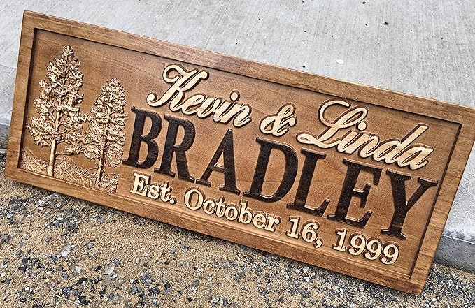Rustic Wedding Signs Wood Wall Art Personalized Couples Gift Ideas Family Last Name Custom Name Sign Lakehouse Hunting Lodge Home Decor Tree Carved Wooden Cabin 5 Year Anniversary