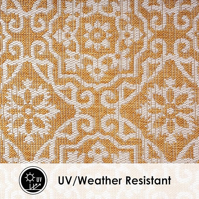 Nicole Miller New York Patio Country Julia Transitional Geometric Indoor/Outdoor Area Rug, Yellow/White, 6'6"x9'2"