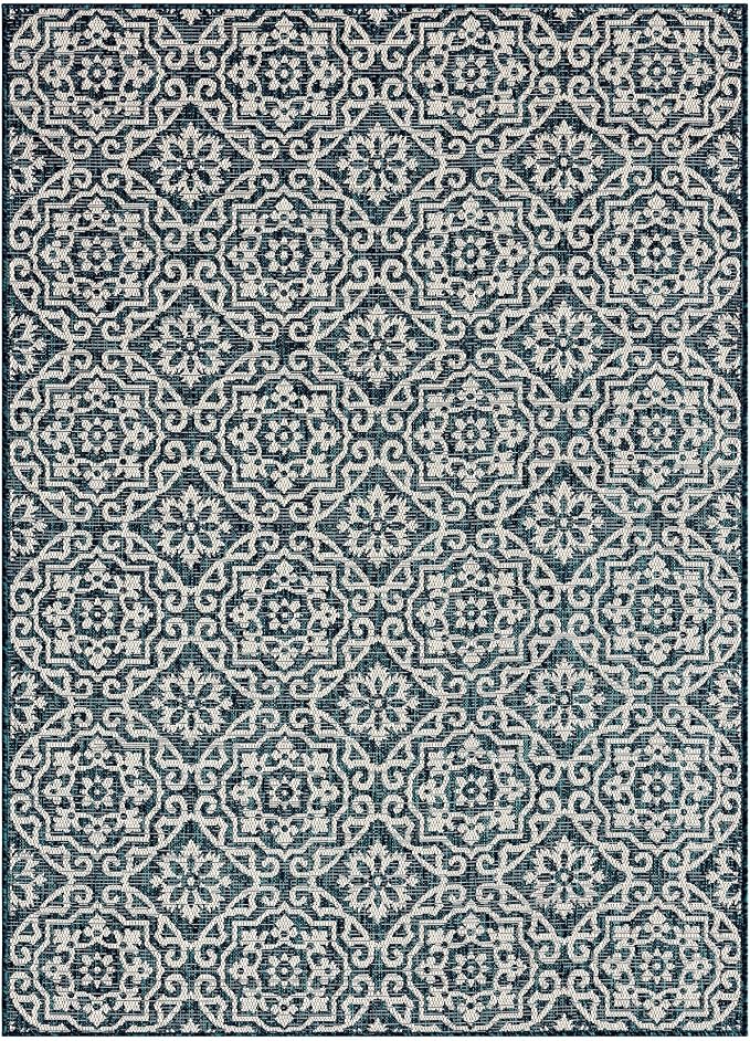Nicole Miller New York Patio Country Julia Transitional Geometric Indoor/Outdoor Area Rug, Navy Blue/Ivory, 7'9"x10'2"