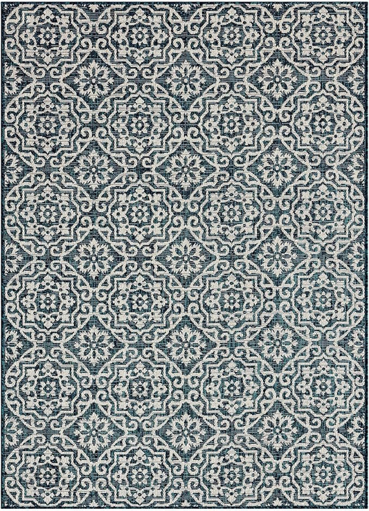Nicole Miller New York Patio Country Julia Transitional Geometric Indoor/Outdoor Area Rug, Navy Blue/Ivory, 6'6"x9'2"