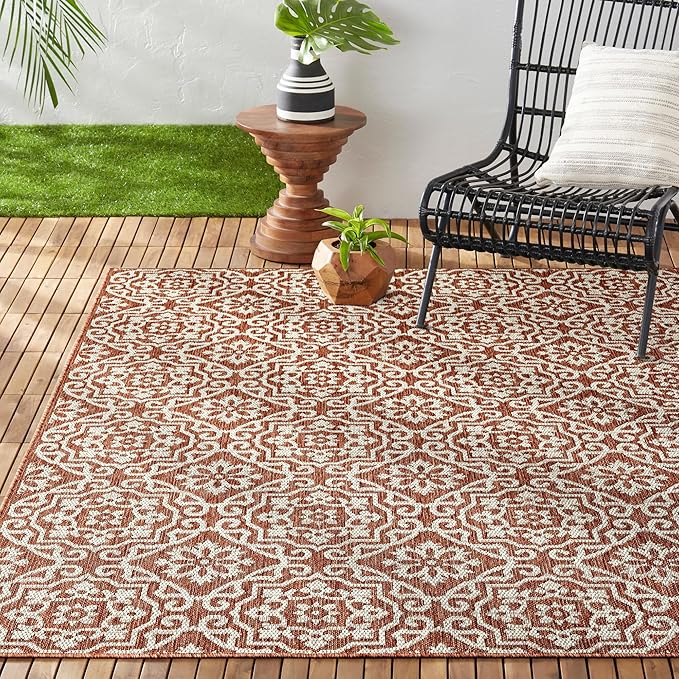 Nicole Miller New York Patio Country Julia Transitional Geometric Indoor/Outdoor Area Rug, Terracotta/Ivory, 5'2"x7'2"