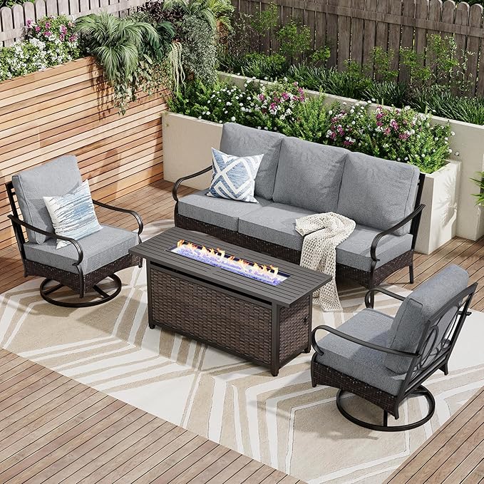 Patio Furniture Set with 56" Fire Pit Table, Premium Outdoor Wicker Metal Frame Furniture with Upgraded Waterproof Thick Cushions for Porch, Poolside, Deck, and Yard （4 Pieces,Grey