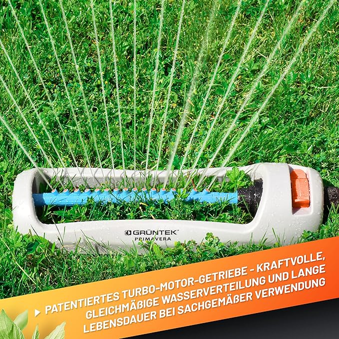 GRÜNTEK Oscillation Sprinkler Primavera up to 3617 ft² Irrigation Area, Blasting Width Up to 69x49ft., Oscillating Sprinkler for Lawn, Plants, Garden