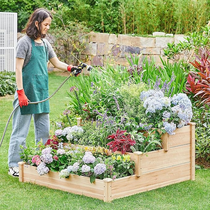 Yaheetech 3 Tier 47 x 47 x 22in Raised Garden Bed Horticulture Outdoor Elevated Flower Box Tiered Garden Bed Wooden Vegetables Growing Planter for Backyard/Patio/Gardener