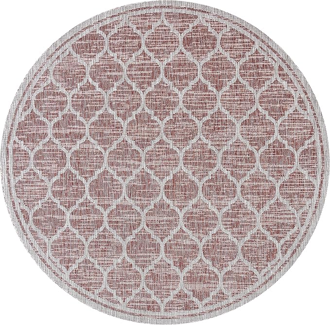 Eyely BMS109C-6R Santa Monica Trebol Moroccan Trellis Textured Weave, Pet Friendly, Non-Shedding, Stain Resistant, Easy-Cleaning, Red/Beige, 6' Round, Indoor/Outdoor, Area Rug