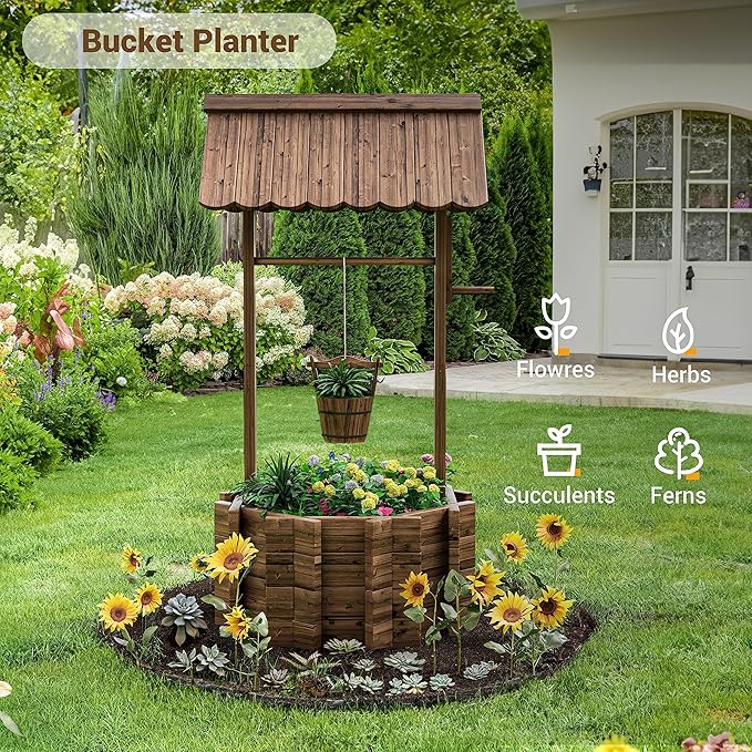 UDPATIO Wishing Wells for Yard, Large Wooden Wishing Well Planter for Outdoors, Upgrade Wishing Well with 4 Reinforced Rod & Hanging Bucket for Garden Patio Lawn Backyard Home Decor