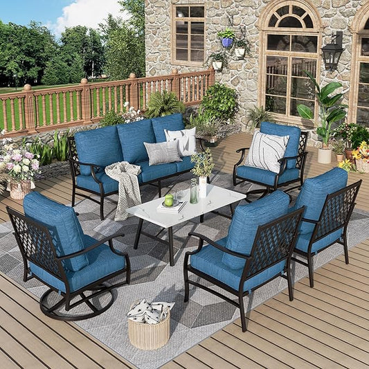 Patio Furniture Set 6 pcs, Outdoor Patio Furniture, 1 X 3-Seat Sofa, 2 X Single Chairs, 2 X Swivel Chairs, 1 X Coffee Table and 5.75" Extra Thick Cushion, Patio Conversation Set,Gemstone Blue