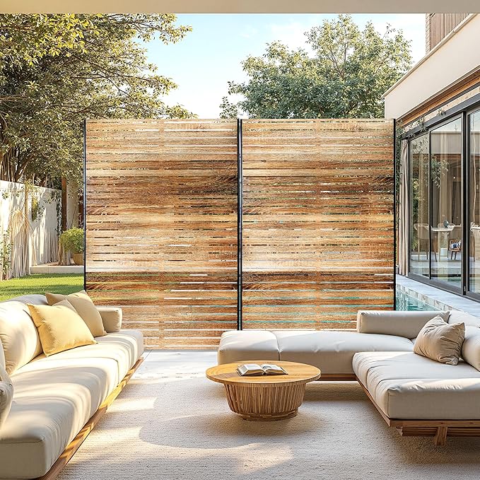 FENCY Metal Privacy Screen 72" H×47" W Natural Wood Color Outdoor Privacy Screen, Freestanding Decorative Privacy Fence Panels for Deck Balcony Patio